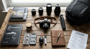 Regali per fotografi su un tavolo: fotocamera, obiettivi, treppiede, libri e taccuino