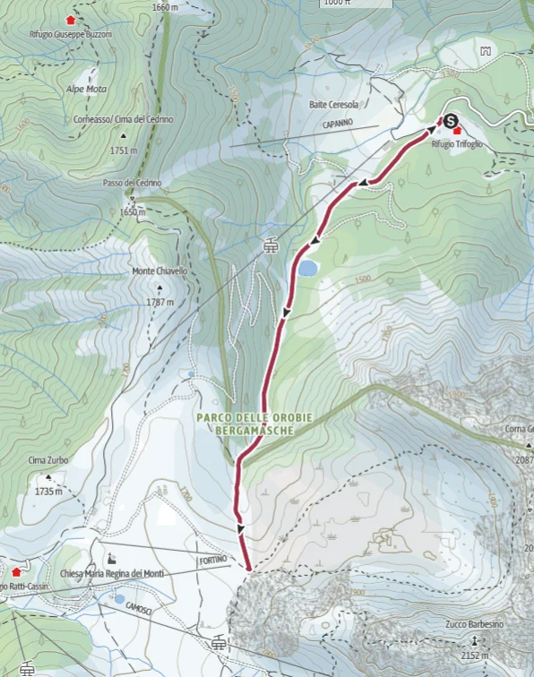 Mappa del sentiero da Valtorta ai Piani di Bobbio nel Parco delle Orobie Bergamasche
