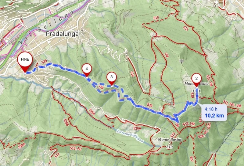Mappa del sentiero da Cornale di Pradalunga al Monte Misma