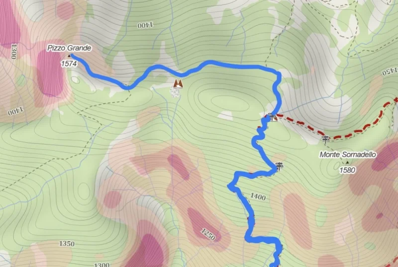 Mappa del tratto da Forcella di Bura al Pizzo Grande passando per Monte Sornadello