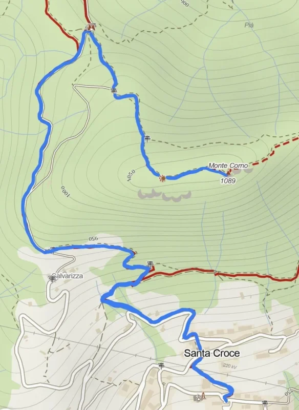 Mappa del sentiero da Santa Croce al Monte Corno
