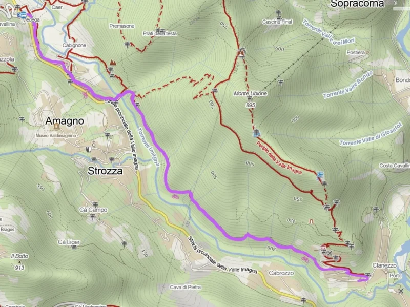 Mappa del percorso ciclopedonale della Valle Imagna con la traccia viola
