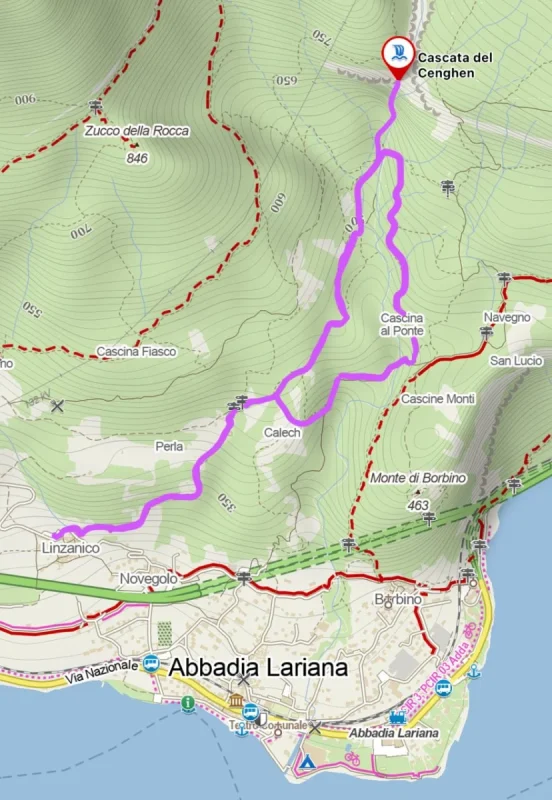 Cartina del percorso – Cascata del Cenghen da Linzanico