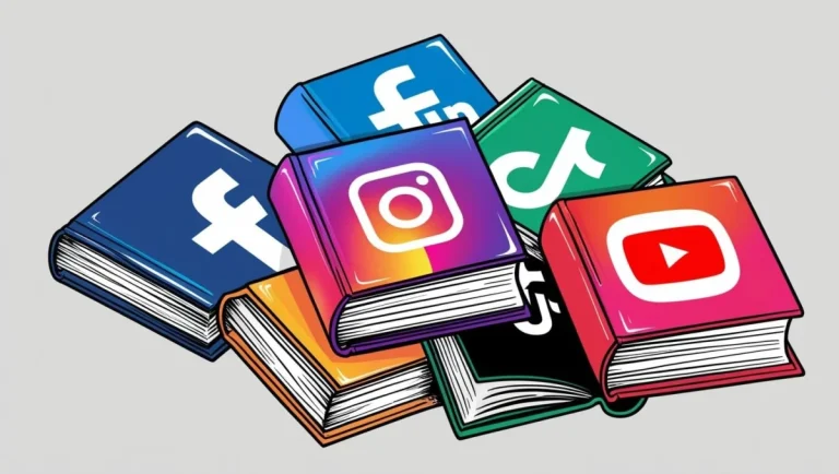 Libri con i loghi di Facebook, Instagram, TikTok e YouTube