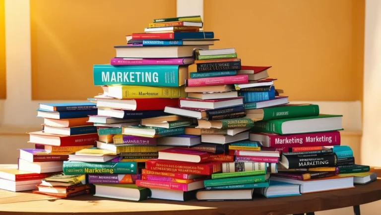 Grande pila di libri di marketing su un tavolo