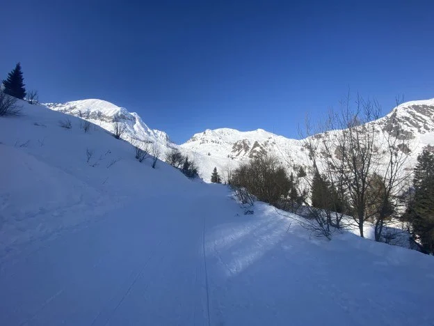 Pendio innevato con le montagne sullo sfondo