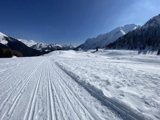 Pista da fondo battuta con le montagne innevate
