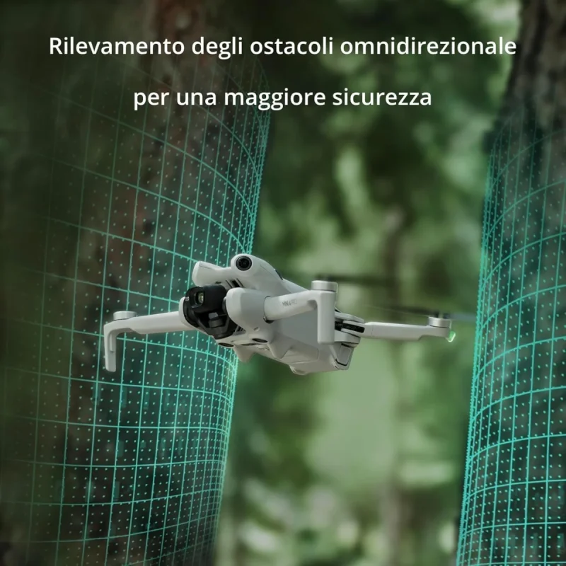 DJI Mini 4 Pro con sensori anti-collisione omnidirezionali e funzioni di volo intelligenti